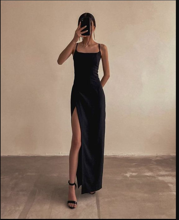 Spaghetti Straps Column/Sheath Long Prom Dress Simple Prom Dress With Split Classic Style Black Evening Dress