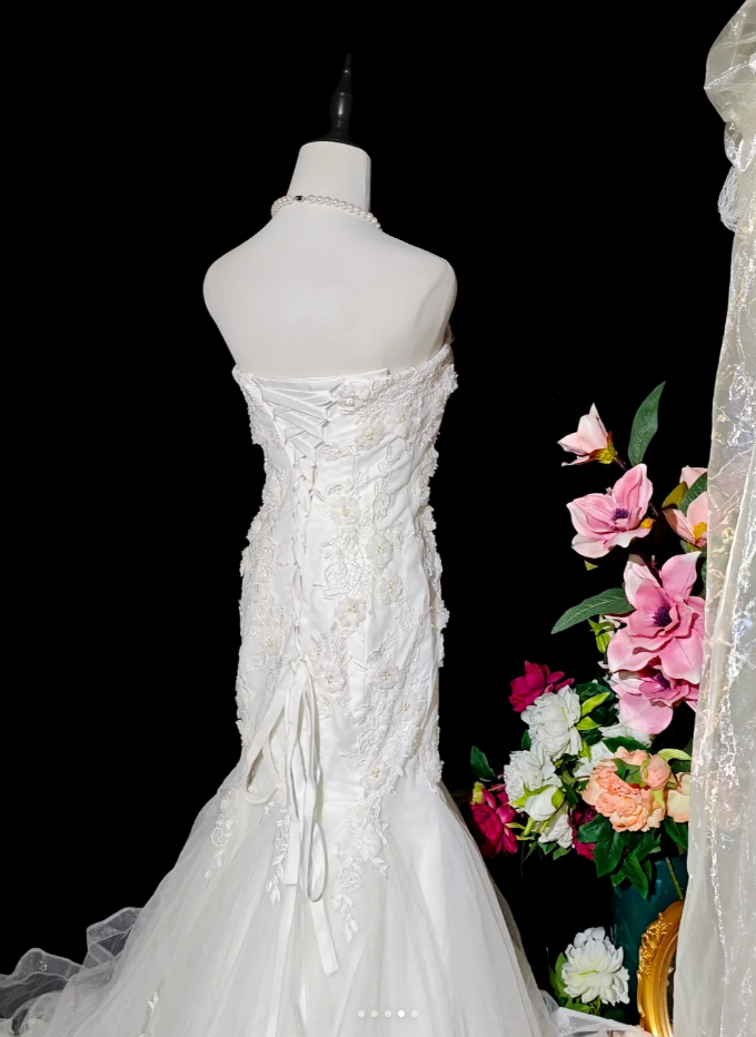Fairy Strapless White Tulle Appliques Mermaid Long Party Dress Birthday Evening Dress