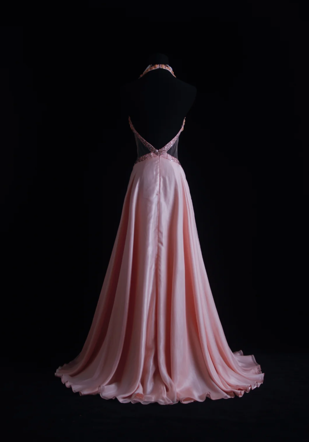 Gorgeous Pink Halter V Neck Satin Beaded Mermaid Long Party Dress Backless Evening Dress