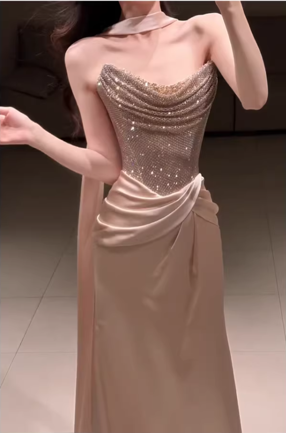 Elegant Strapless Sequin Satin Pleated Mermaid Long Party Dress Birthday Prom Dresses