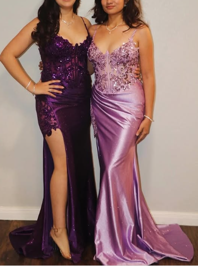 Purple Spaghetti Straps Mermaid Slit Evening Dress Prom Dress