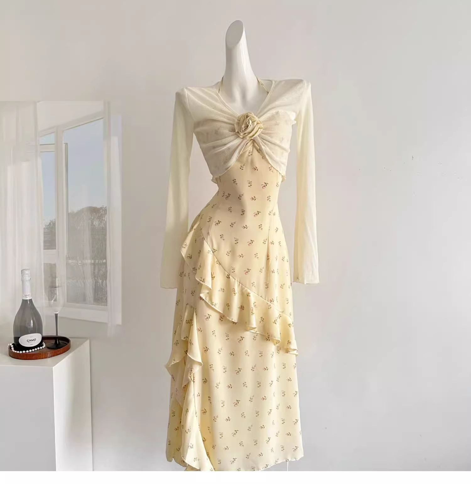 Sweet Slit Irregular Yellow Floral Vacation Dress Two-Piece