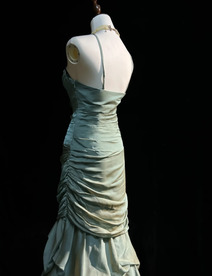 Charming Spaghetti Straps Green Satin Pleated Ruffles Layered Mermaid Long Evening Dress Wedding Guest Dress