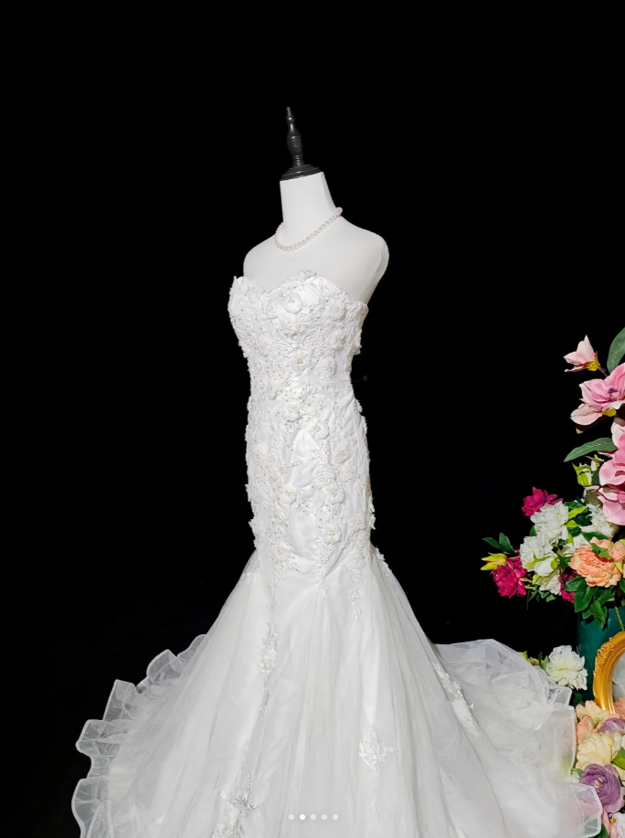 Fairy Strapless White Tulle Appliques Mermaid Long Party Dress Birthday Evening Dress