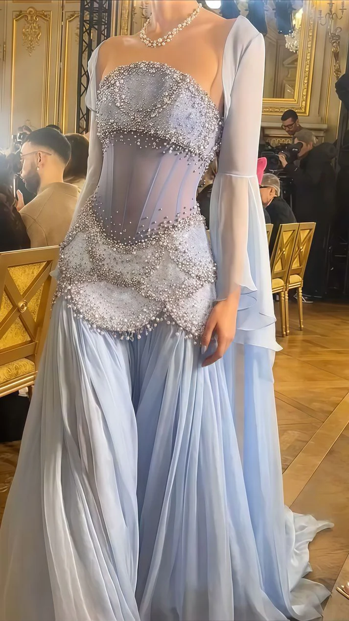 Sexy A Line Off The Shoulder Maxi Long Party Light Blue Chiffon Prom Dresses Evening Dress