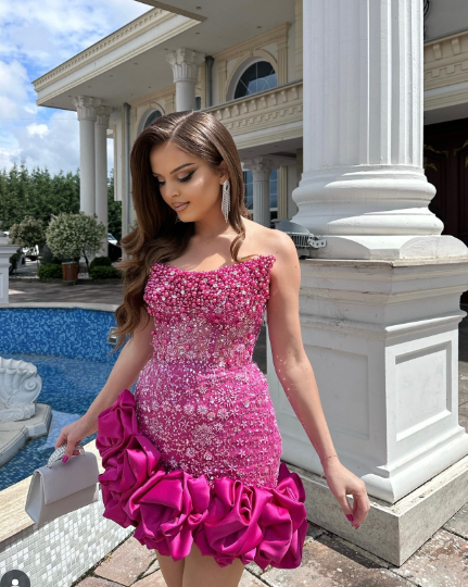 Gorgeous Strapless Satin Beaded Pleated Cocktail Dress Hot Pink Sheath Homecoming Dress