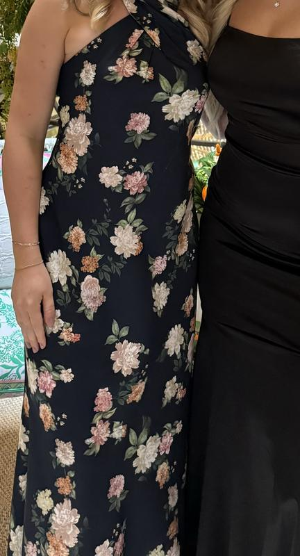 Classy Black Halter Satin Print Long Evening Dress,Formal Prom Party Gown