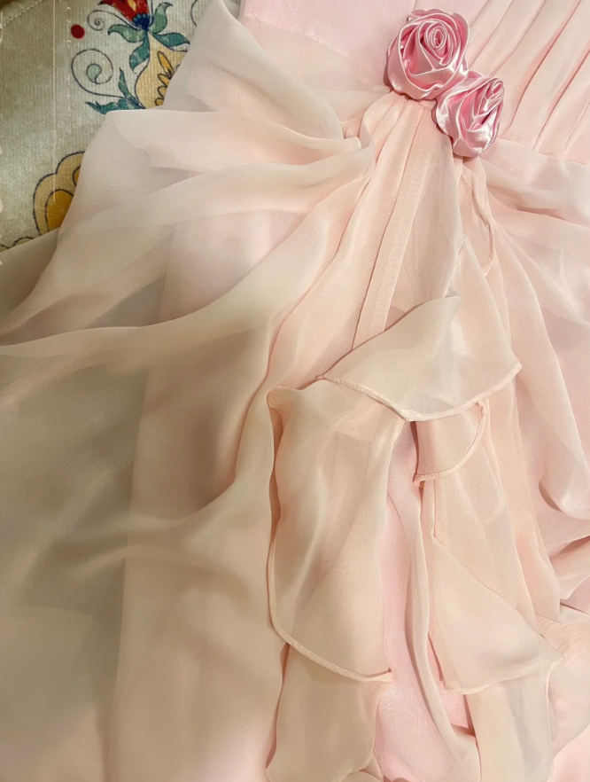 Pretty Pink Chiffon Pleated One Shoulder Mermaid Long Party Dress Evening Gown With Flowers