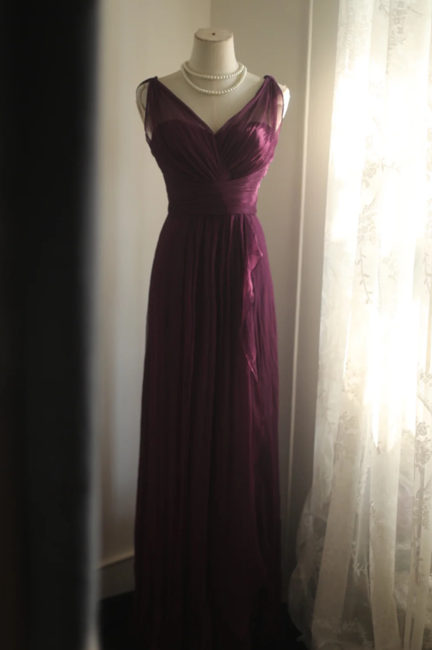 Charming Purple V Neck Tulle Long Wedding Guest Dress Formal Evening Dress Prom Dress