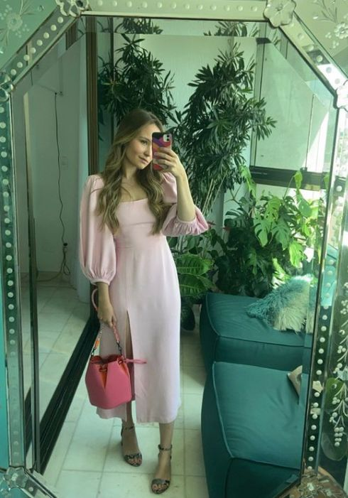 Pink Midi Evening Gown Slit Prom Dress Outfits