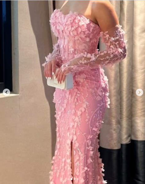 Elegant Pink Strapless Tulle Appliques Beaded Slit Mermaid Evening Dress Long Party Dress