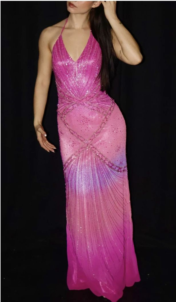 Pretty Halter V Neck Ombre Pink Chiffon Sequin Beaded Mermaid Prom Dress Birthday Party Dress