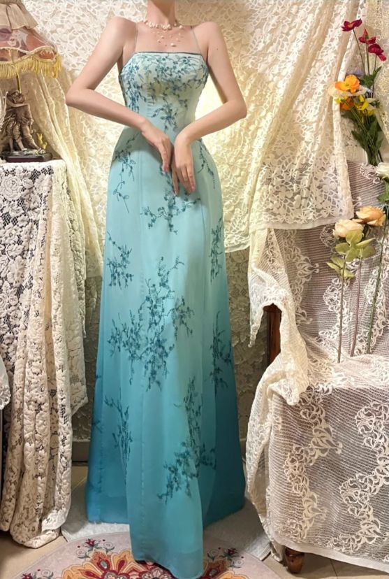 Elegant Spaghetti Straps Ombre Blue Chiffon Beaded A Line Long Prom Dress Formal Evening Gown