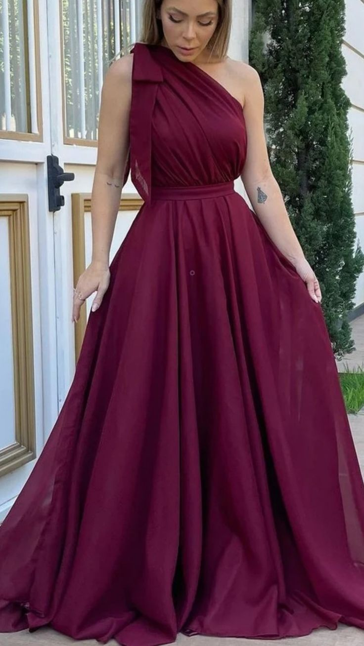 One Shoulder Maroon Chiffon Long Prom Dresses, One Shoulder Formal Evening Dresses