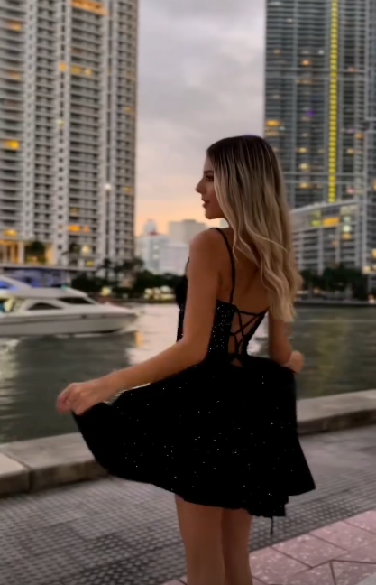 Pretty Spaghetti Straps Sweetheart Neck Sequin Black A Line Homecoming Dress Short Prom Dress