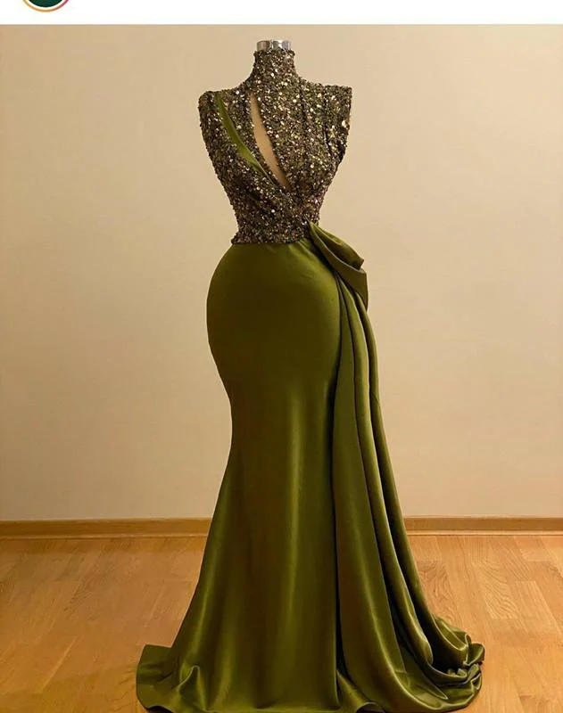 Green Crystal Beaded Vintage Mermaid Prom Dresses High Neck Evening Gown Saudi Arabic Long Formal Party Gown