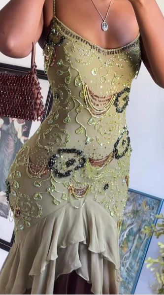 Classy Spaghetti Strap Sage Green Chiffon Beaded Mermaid Evening Dress Long Birthday Party Dress With Scarf