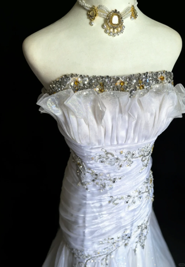 Elegant Strapless White Tulle Beaded Mermaid Long Party Dress Birthday Prom Dress