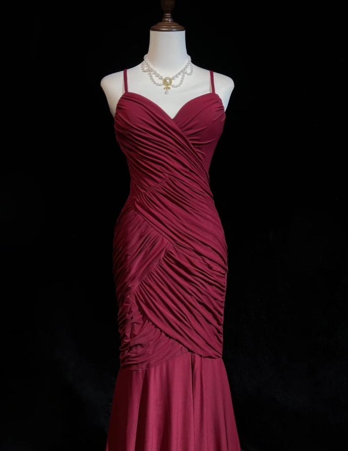Classy Spaghetti Straps Burgundy Satin Pleated Mermaid Long Party Evening Dress