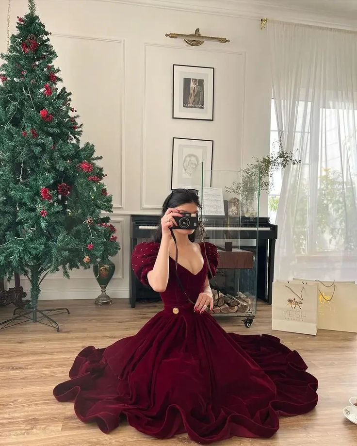 Dark Red Velvet V Neck Short Puff Sleeve Beaded A Line Floor Length Evening Dress