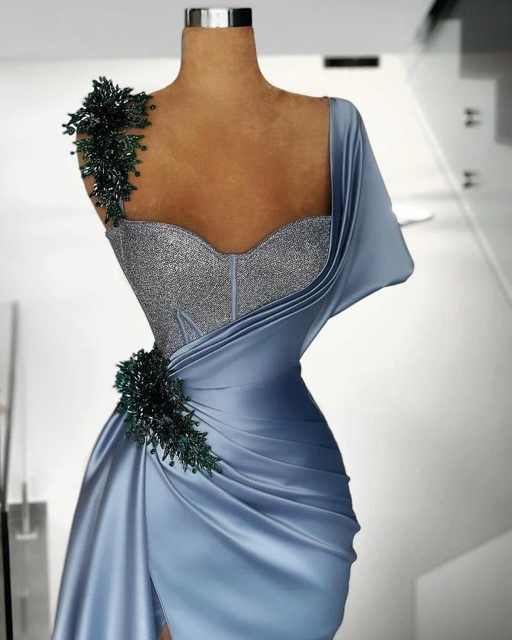 Elegant Blue Satin Mermaid Prom Dress Evening Dress With Beads