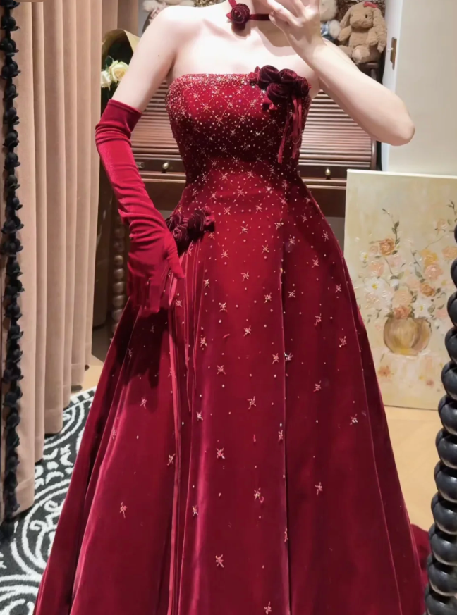Pretty Burgundy Strapless Velvet Beaded Long Birthday Party Dress Evening Dress