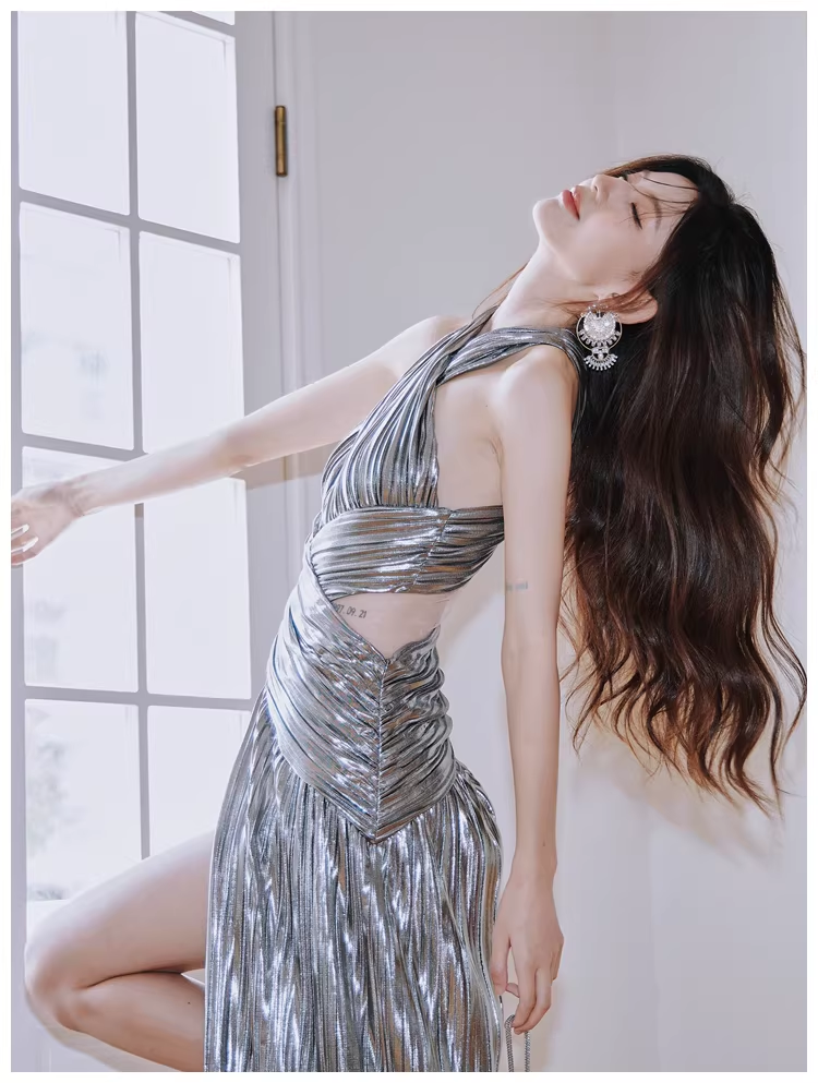 Fashion Silver Gray Satin Pleated High Slit Long Evening Dress Sexy Prom Dress