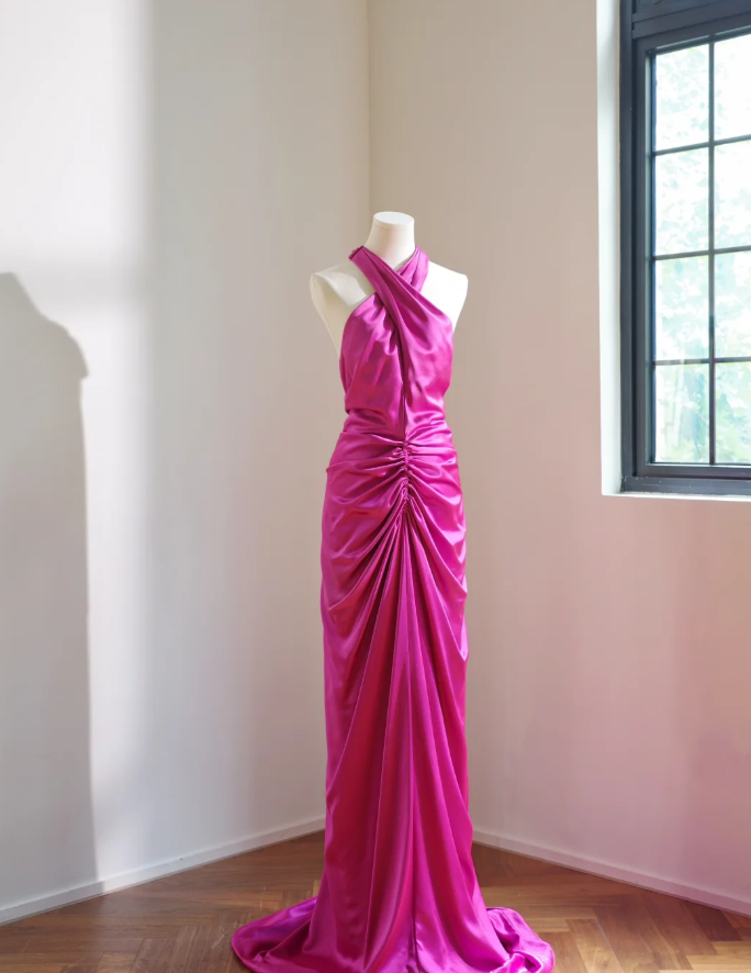 Elegant Halter Hot Pink Satin Pleated Mermaid Long Wedding Guest Dress Party Dress