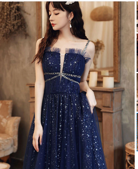 Blue tulle A line sequin long prom dress, blue tulle formal dress