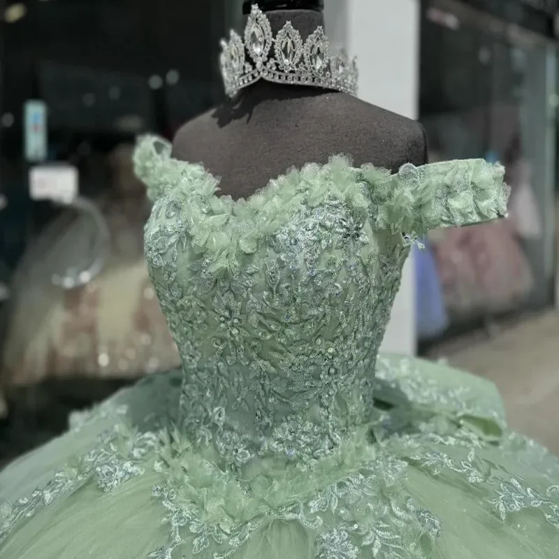 Charming Green Tulle Lace Appliques Ball Gown,off Shoulder Quinceanera Dress Party Birthday Dress
