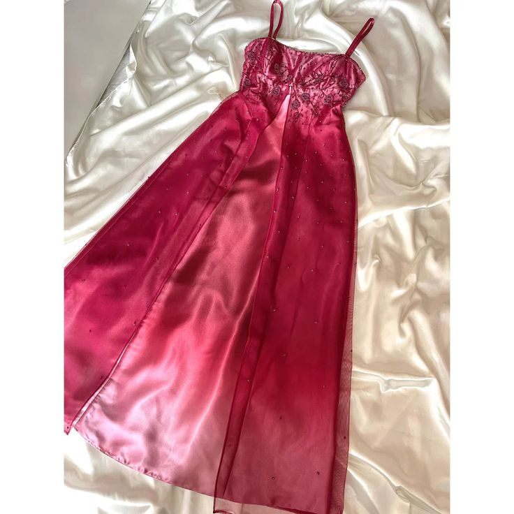 Pretty Spaghetti Straps Ombre Hot Pink Satin Beaded A Line Long Evening Dress Birthday Party Dress