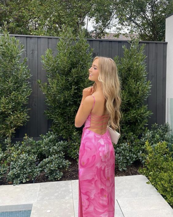 Beautiful Print Floral Pink Long Prom Dress Backless Party Evening Dress