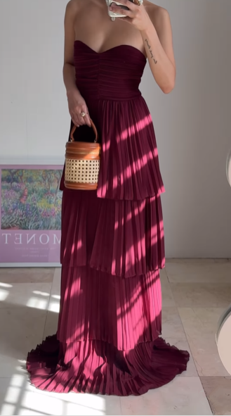 Vintage Burgundy Strapless Chiffon Layered A Line Prom Evening Dress,Long Party Dress