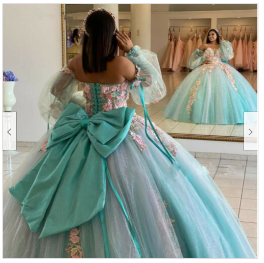Blue Ball Gown Quinceanera Dresses Off Shoulder Long Sleeve Corset Sweep Train