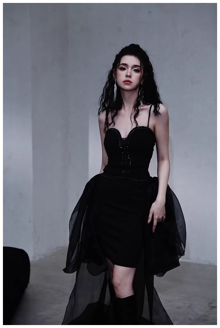 Gorgeous Black Organza Satin Beaded Long Party Dress Birthday Evening Dress