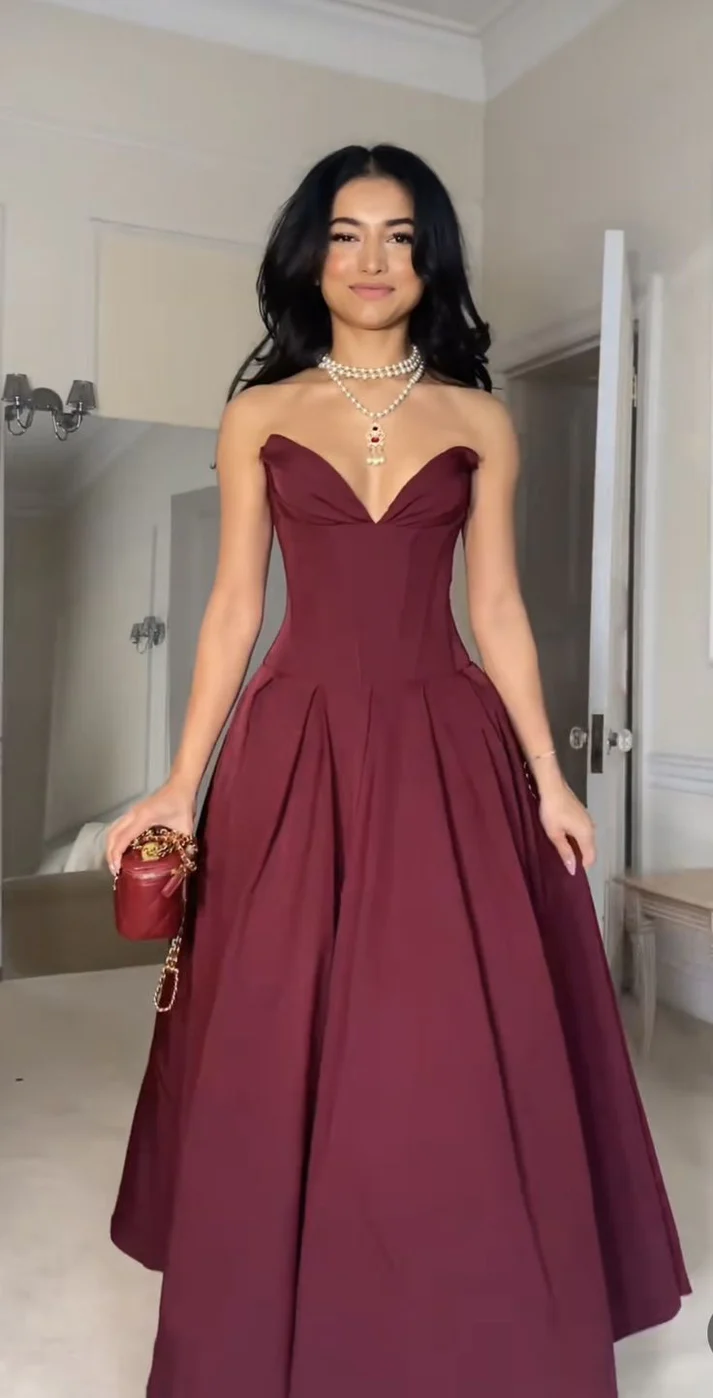 Burgundy Strapless Satin A Line Prom Dress Formal Evening Dress