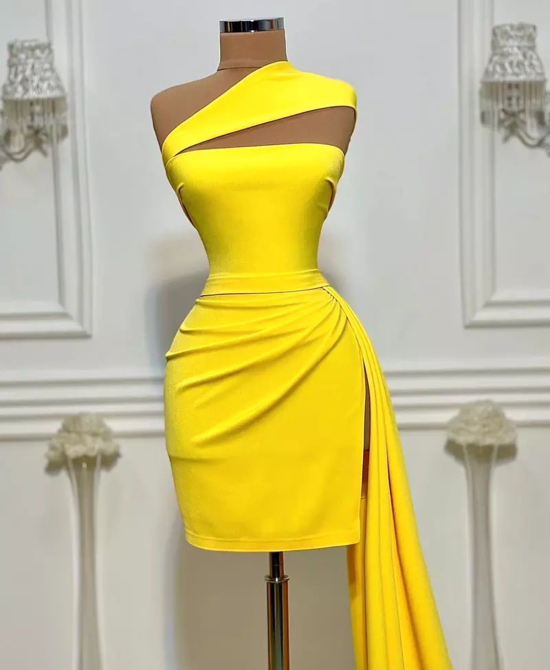 Yellow dinner short gown simple party dress