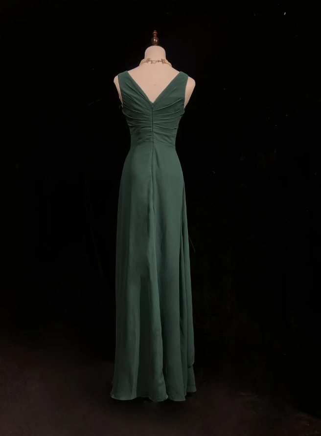 Vintage V Neck Dark Green Chiffon Long Wedding Guest Dress Formal Evening Dress Prom Gowns