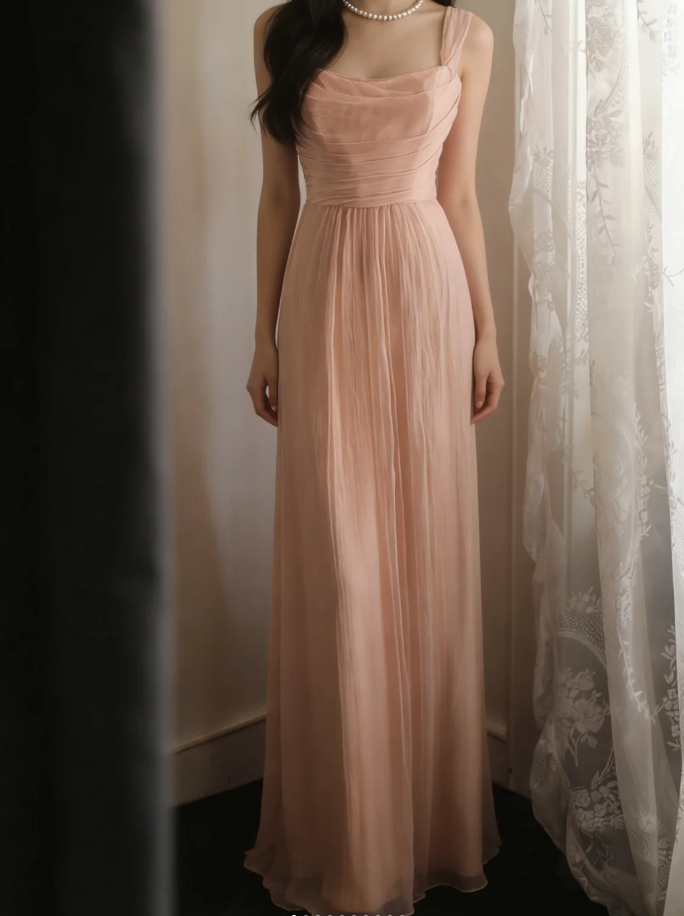 Classy Nude Pink Chiffon A Line Long Wedding Guest Dress Formal Birthday Party Dress