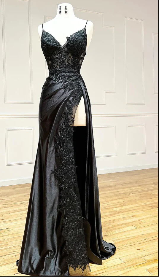 Elegant Burgundy Satin Appliques Evening Dress Slit Prom Party Dress