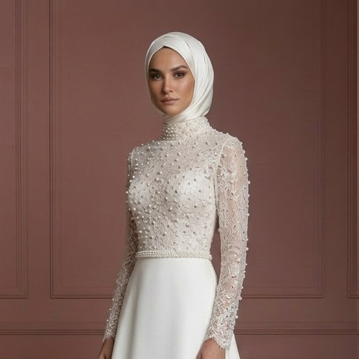 Elegant Hijab Wedding Dress With Pearl Detail Muslim