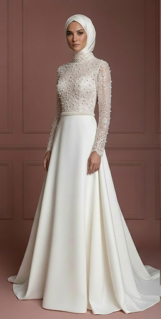 Elegant Hijab Wedding Dress With Pearl Detail Muslim