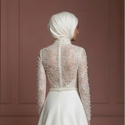 Elegant Hijab Wedding Dress With Pearl Detail Muslim