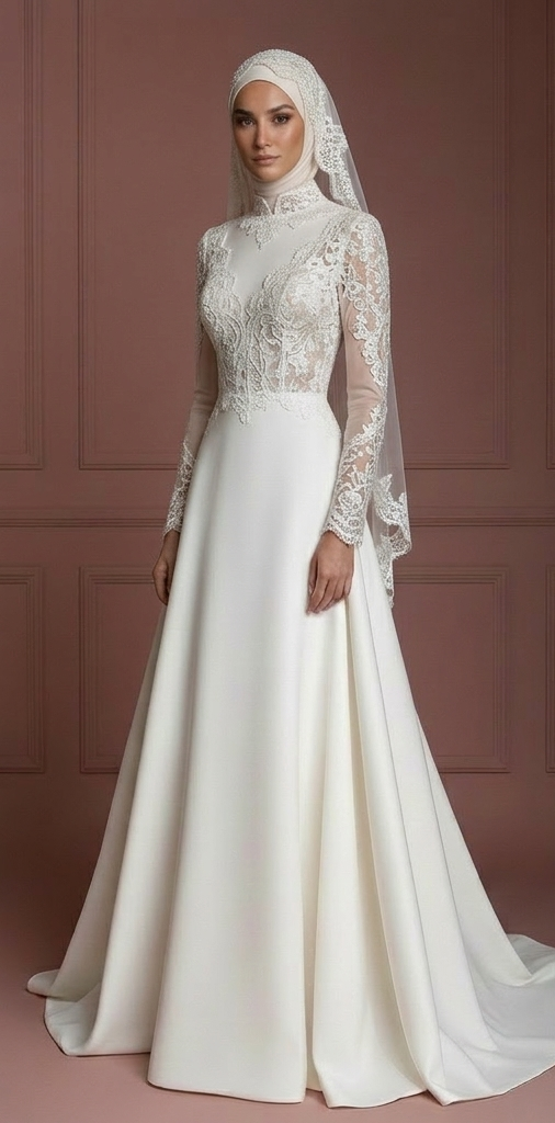 Elegant Palace Style Hijab Bridal Wedding Dress Modest Luxury Muslim
