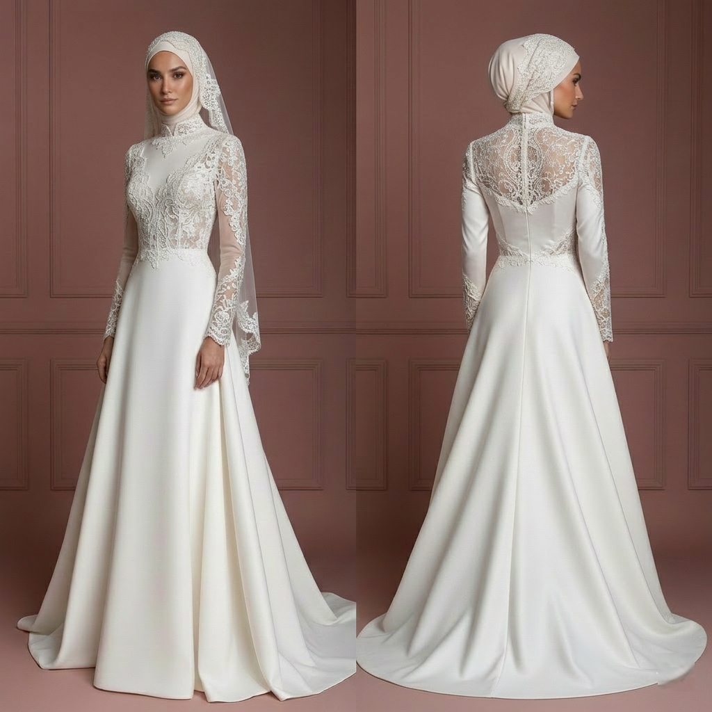 Elegant Palace Style Hijab Bridal Wedding Dress Modest Luxury Muslim
