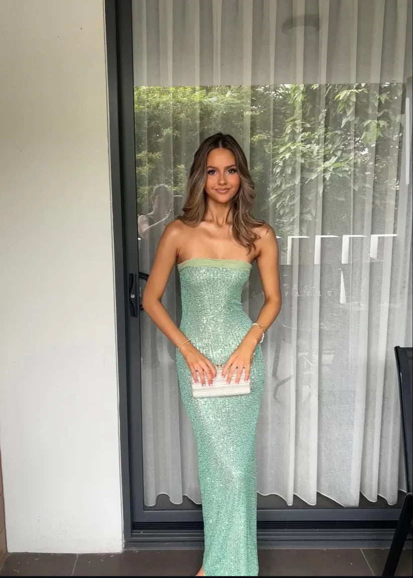 Elegant Mint Green Fitted Strapless Sequined Long Prom Dress Evening Dress