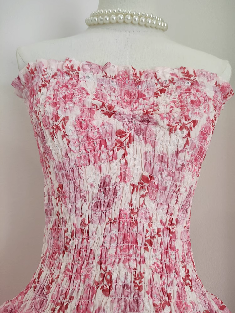 Cute A line Strapless Sleeveless Pink Floral Party Dress Short Birthday Outfits