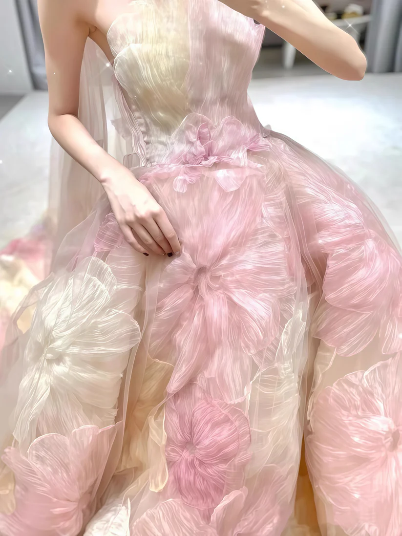 Gorgeous Strapless Tulle Flowers A Line Ball Gown Fairy Wedding Dress