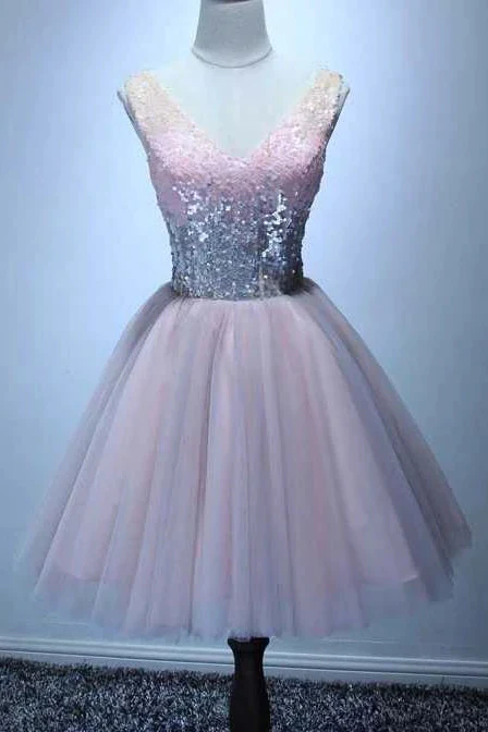 Sequined V-neck Tulle Homecoming Dress Sexy Shining Short Party Dress