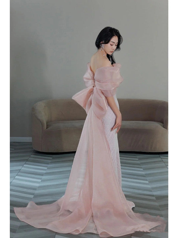 Pretty Mermaid Strapless Pink Sequin Long Evening Dress Prom Dresses With Bow